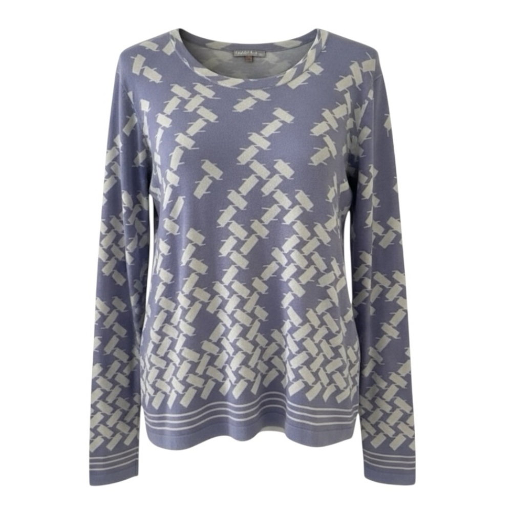 NEW Charlotte Kellogg Blue and Grey Print Long Sleeve Silk Cashmere Sweater